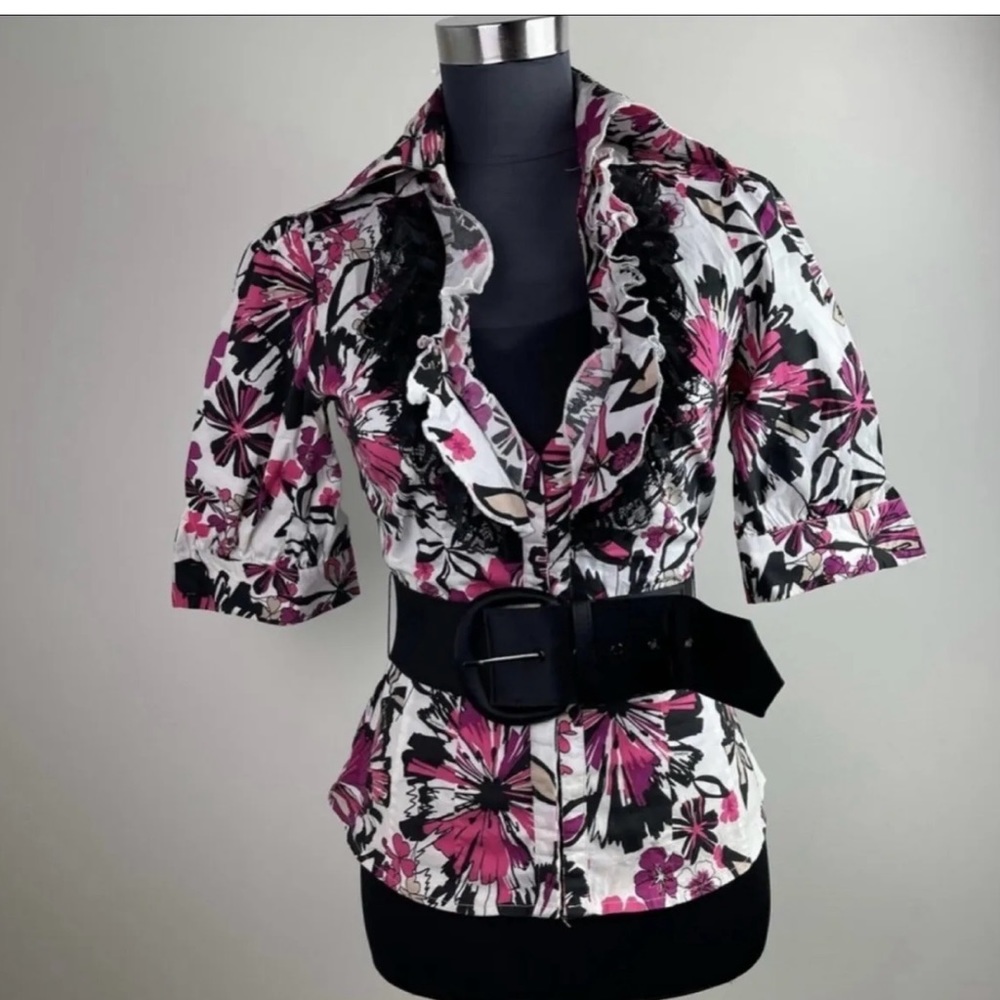 Ruffle Layered Pink Multicolor Collar Belted Bebe V-Neck Blouse